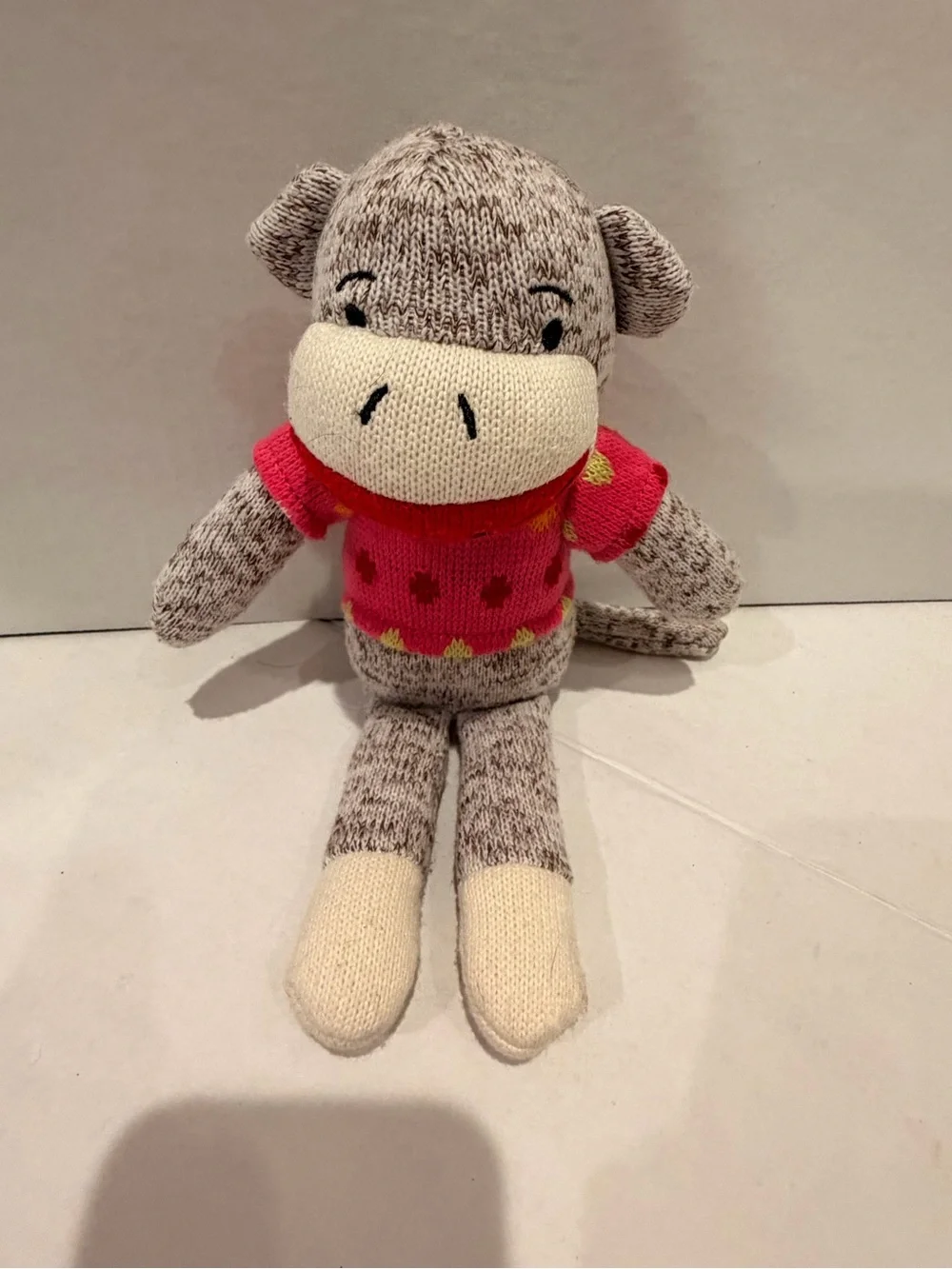 Hand-Knit Plush Monkey in Heather Gray with Pink Sweater